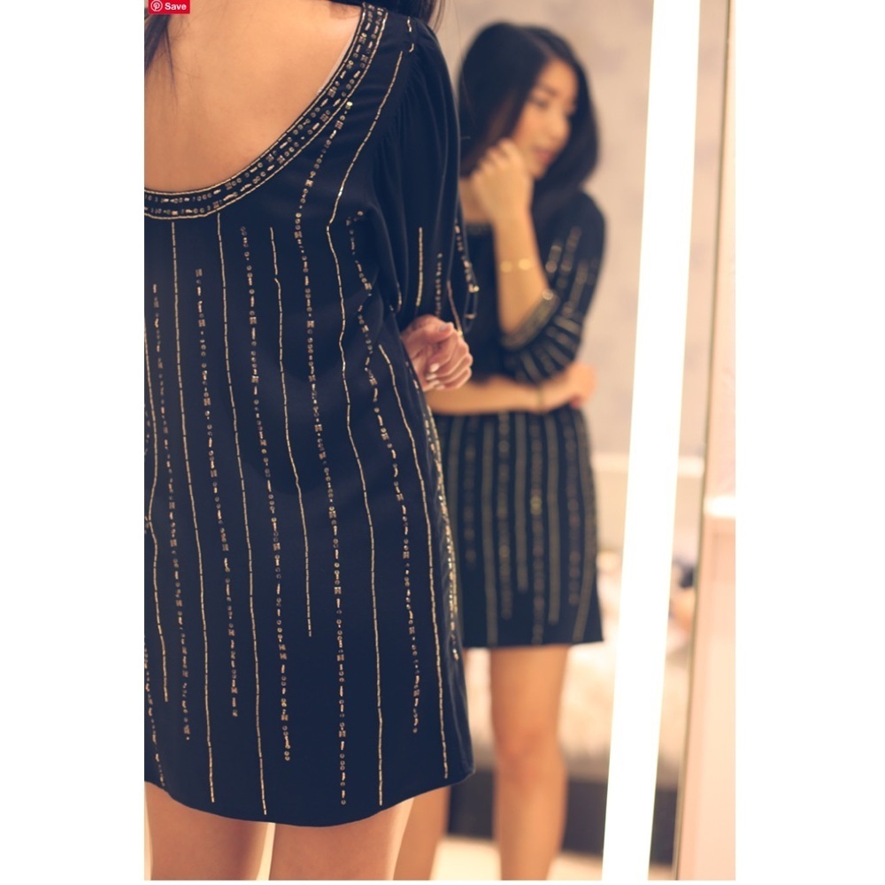 Ella MOSS Anthropologie Black Tiaraโ Gold Beaded Shift Mini Dress Size L